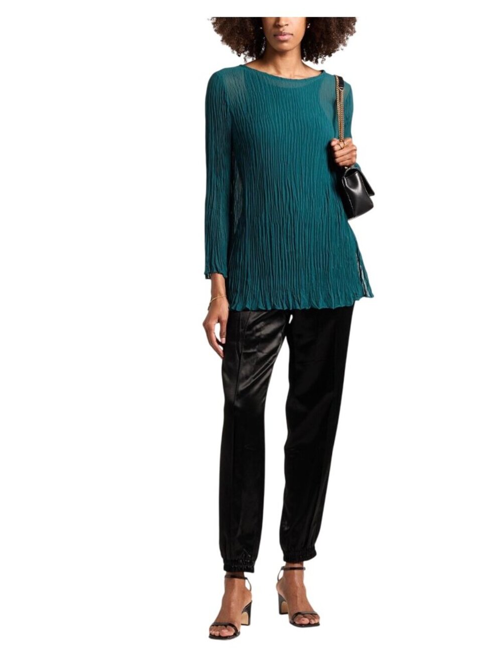 Eileen Fisher Women Crinkled Sheer Silk Bateau Neck Tunic Size XXS Aegean Green